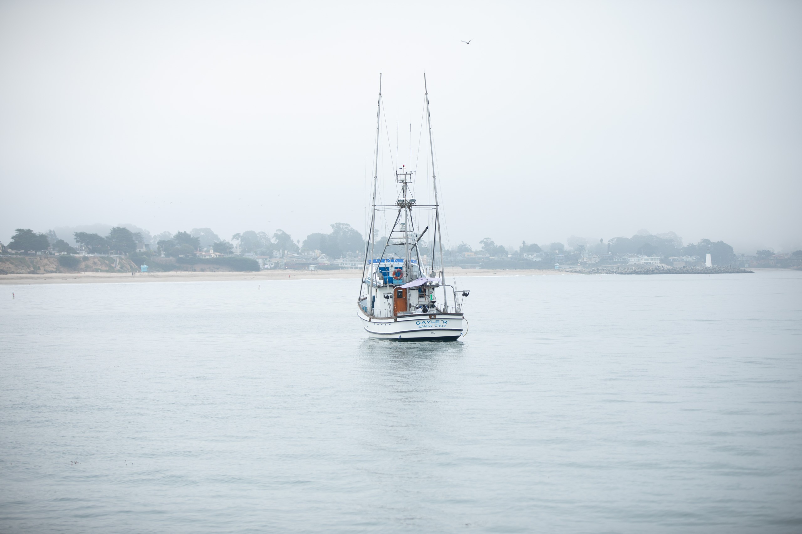 Sailboat anchored in calm bay waters under overcast sky